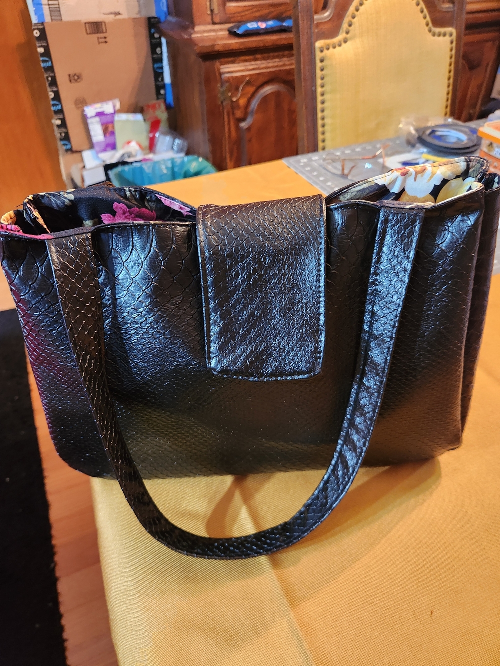 Black Faux-Snakeskin Satchel with Floral Interior